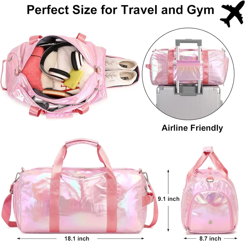 Resistente à água Poliéster Metálico Cor Rosa Overnight Weekend Gym Dance Bag com bolso molhado