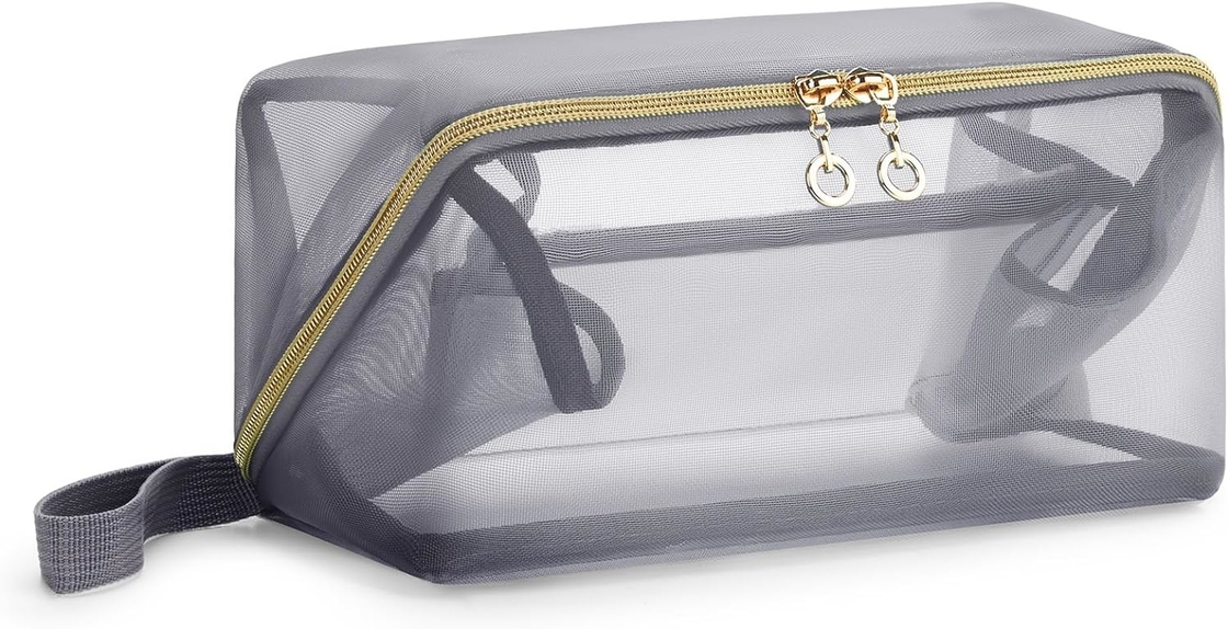 Saco de viagem portátil de malha preta grande Saco cosmético aberto organizador plano Saco de viagem para homens mulheres