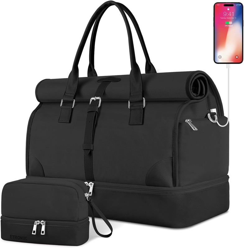 Black Canvas Carry on Expandable Weekend Airplanes Toiletry Saco de viagem com compartimento para sapatos e porta de carregamento USB