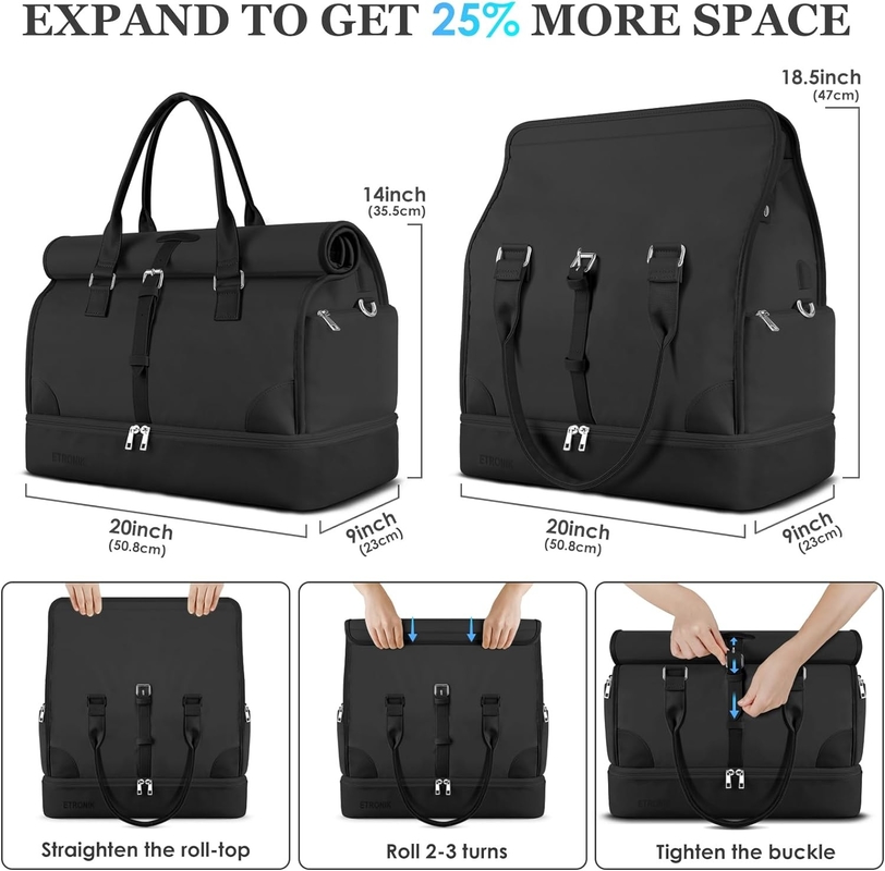 Black Canvas Carry on Expandable Weekend Airplanes Toiletry Saco de viagem com compartimento para sapatos e porta de carregamento USB