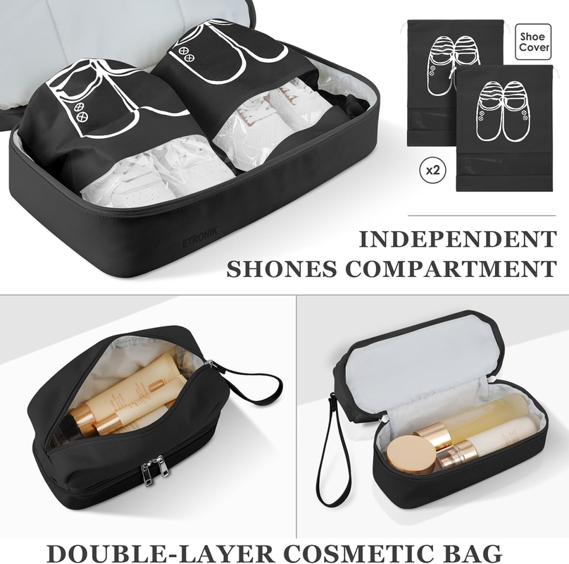 Black Canvas Carry on Expandable Weekend Airplanes Toiletry Saco de viagem com compartimento para sapatos e porta de carregamento USB