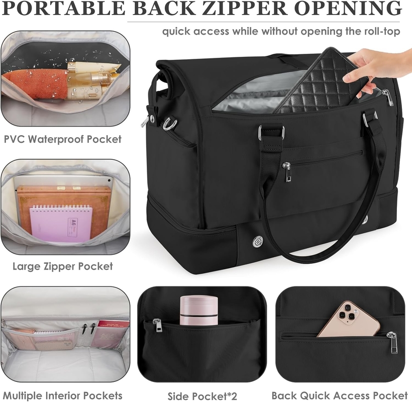 Black Canvas Carry on Expandable Weekend Airplanes Toiletry Saco de viagem com compartimento para sapatos e porta de carregamento USB