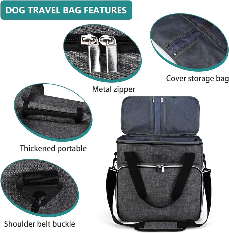 Saco de viagem para cães e gatos com 2 recipientes de alimentos para animais e 2 tigelas de silicone dobráveis