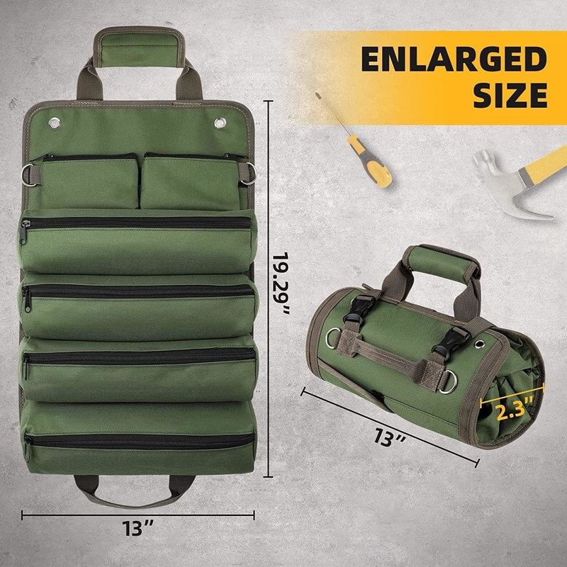 Green Waterproof Heavy Duty Portable Tool Roll Up Bag Removível Zipper Pouch Para Homens Mulheres