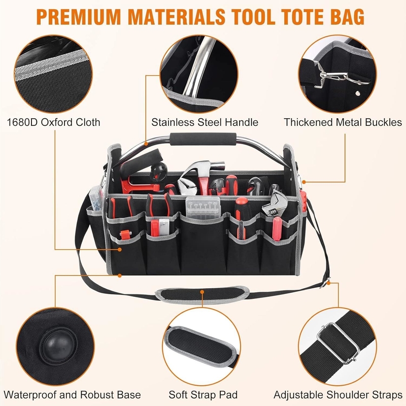 Saco de ferramentas de viagem personalizado de bolso de aço de 16 polegadas e 26 polegadas com cinto de ombro removível